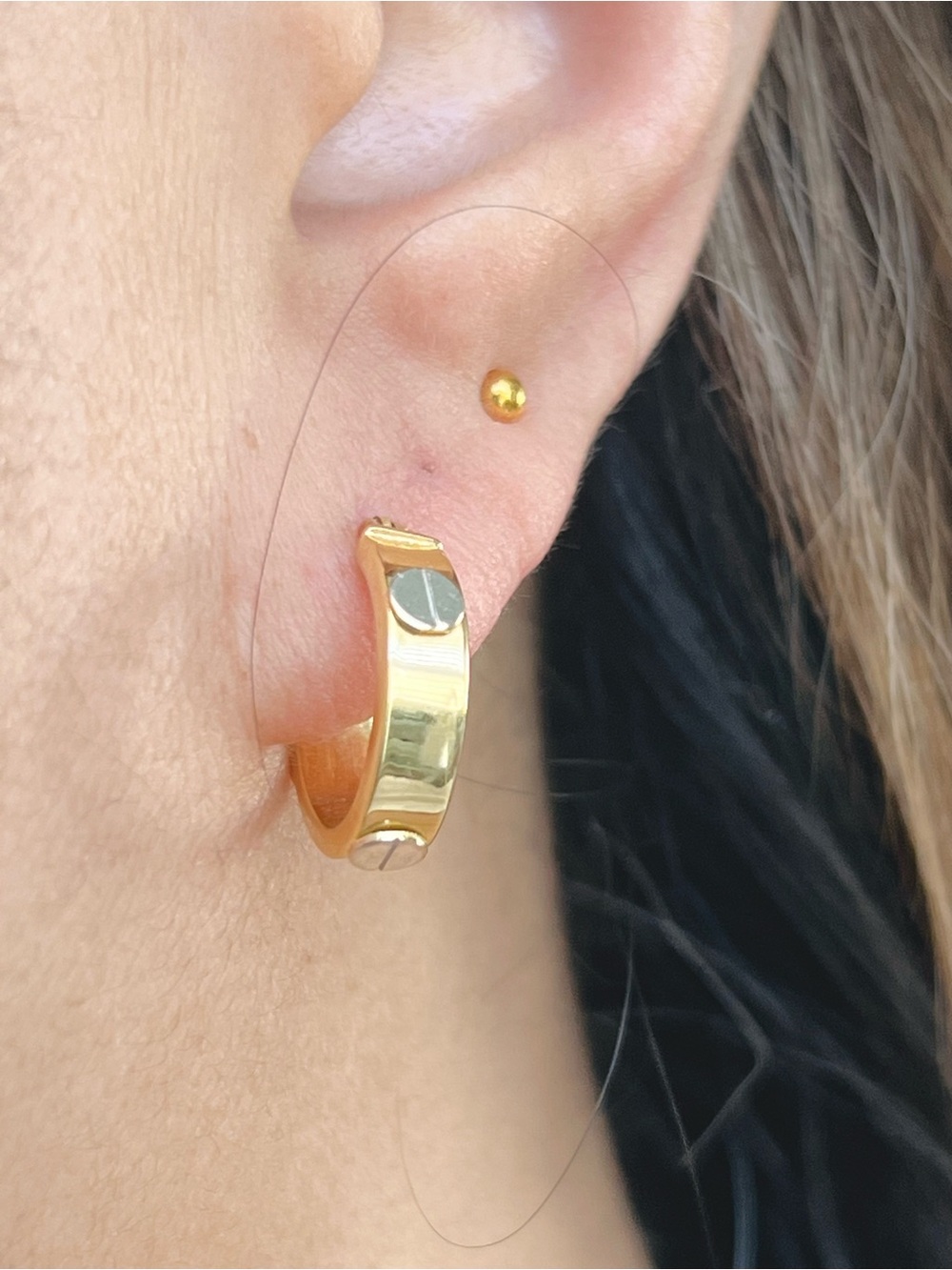 18k Yellow Gold Hoop Earrings with White Gold accent C Design 2.32 grams